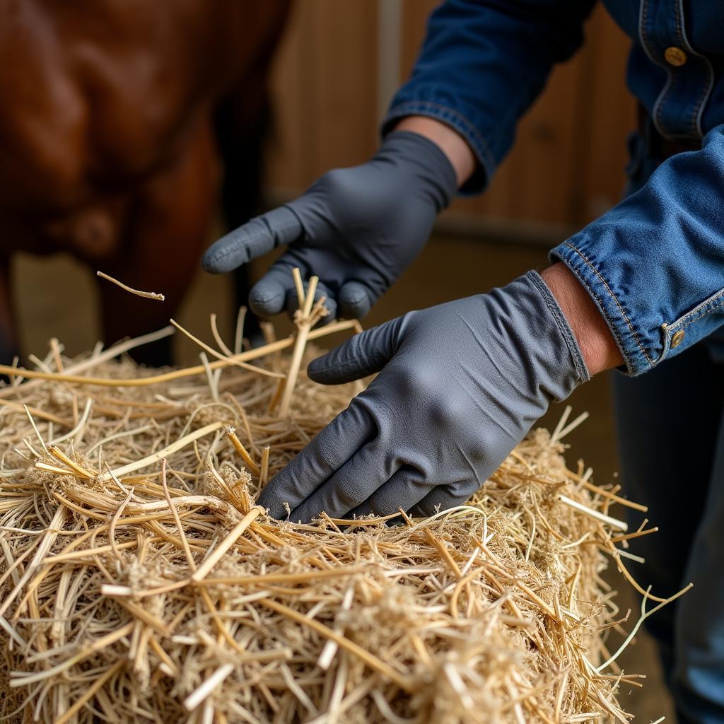 Horse owner inspecting straw bale for quality.