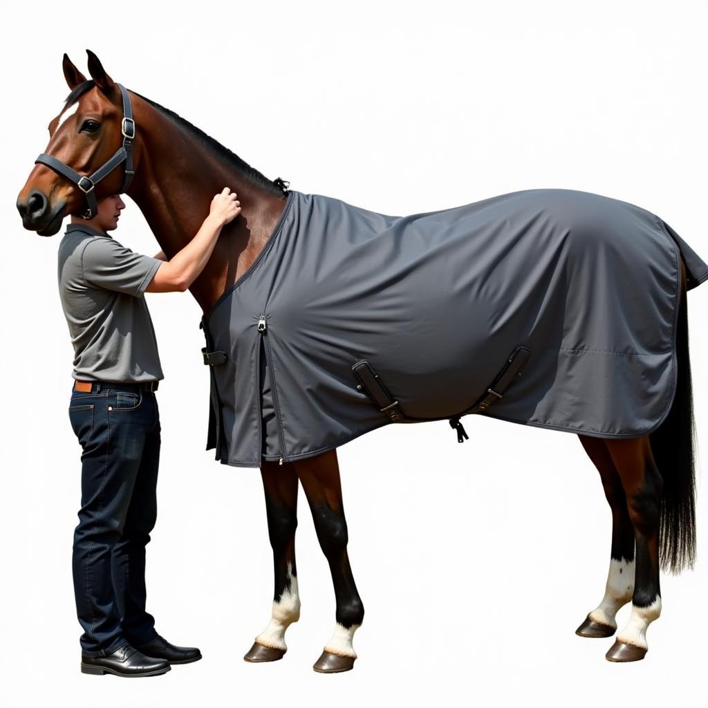 Horse Owner Putting on Fly Blanket