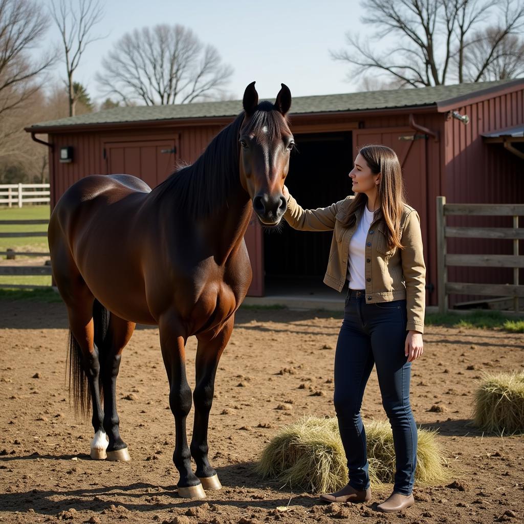 Horse Owner Providing Supplemental Hay