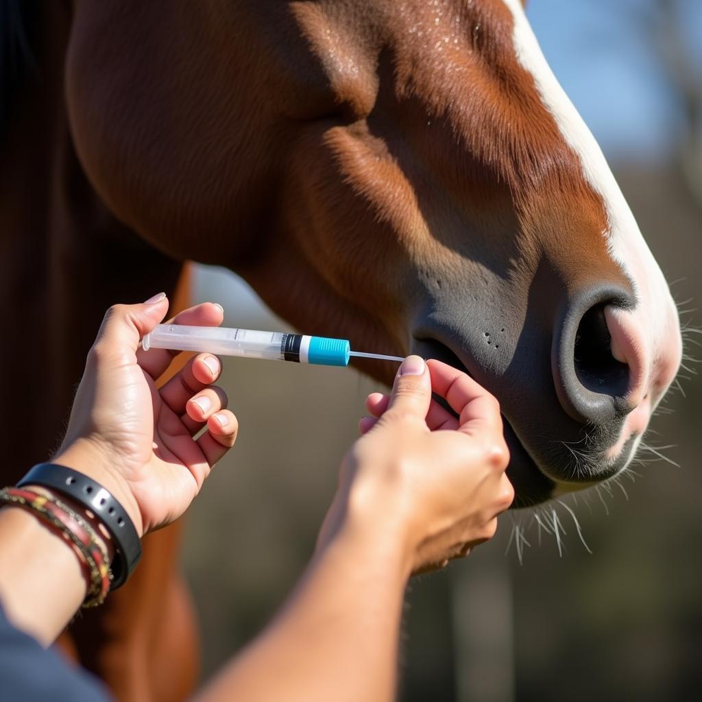 Horse Owner Using a Dose Syringe to Administer Medication