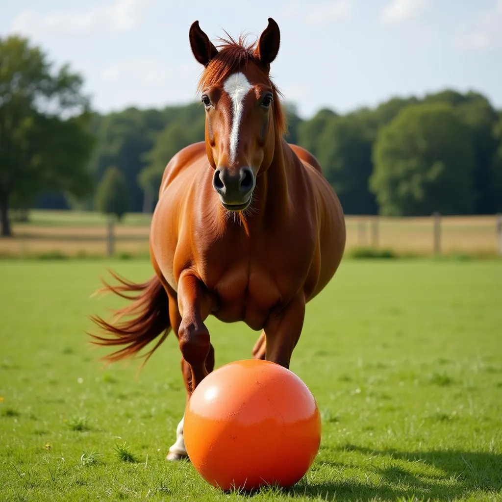 Horse Playing with Ball in Pasture