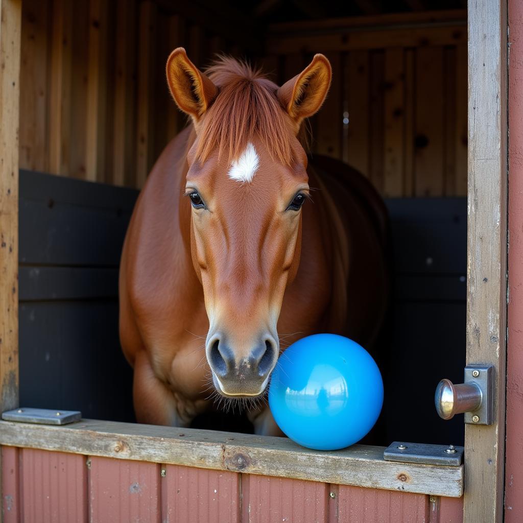 Horse happily interacting with a large ball in a wash stall