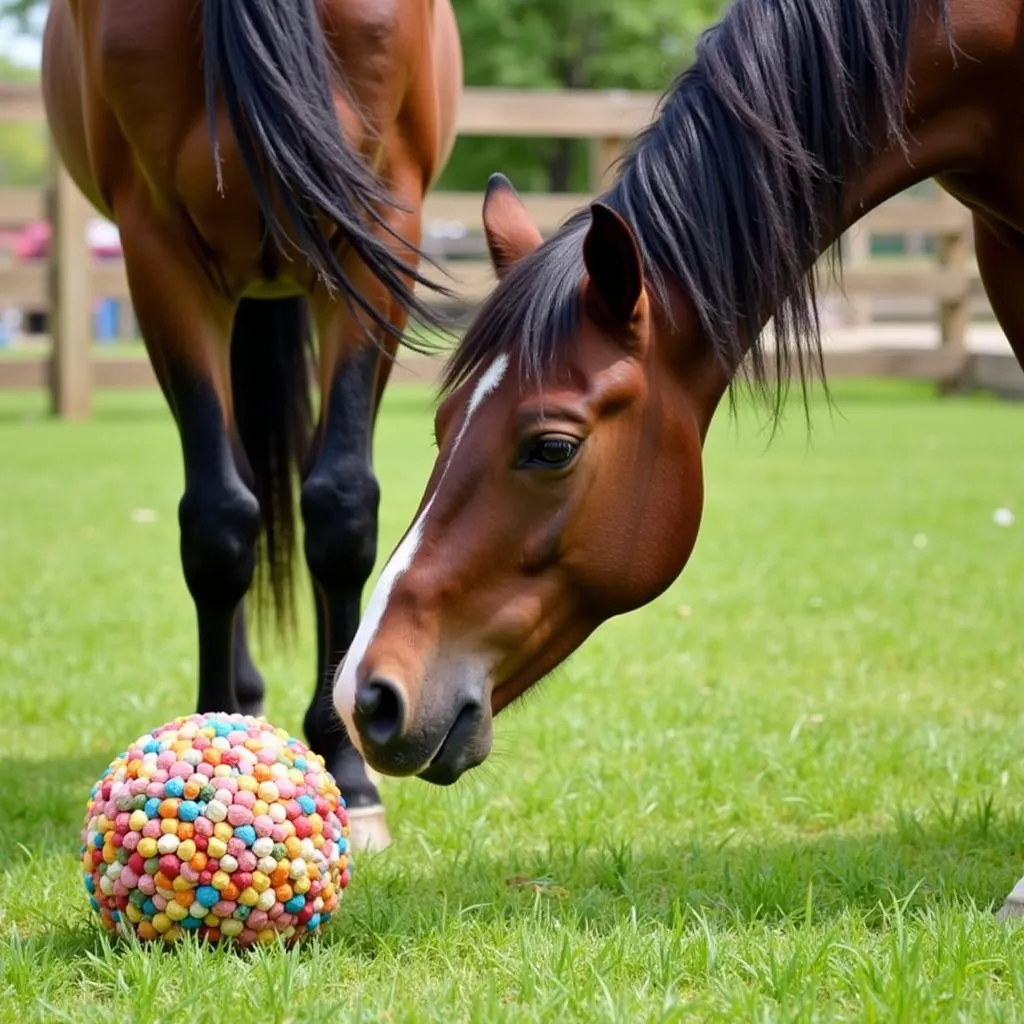 Horse Interacting with an Enrichment Toy