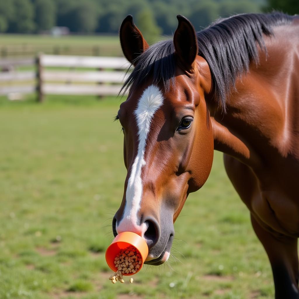 Horse Interacting with a Treat-Dispensing Toy in a Paddock