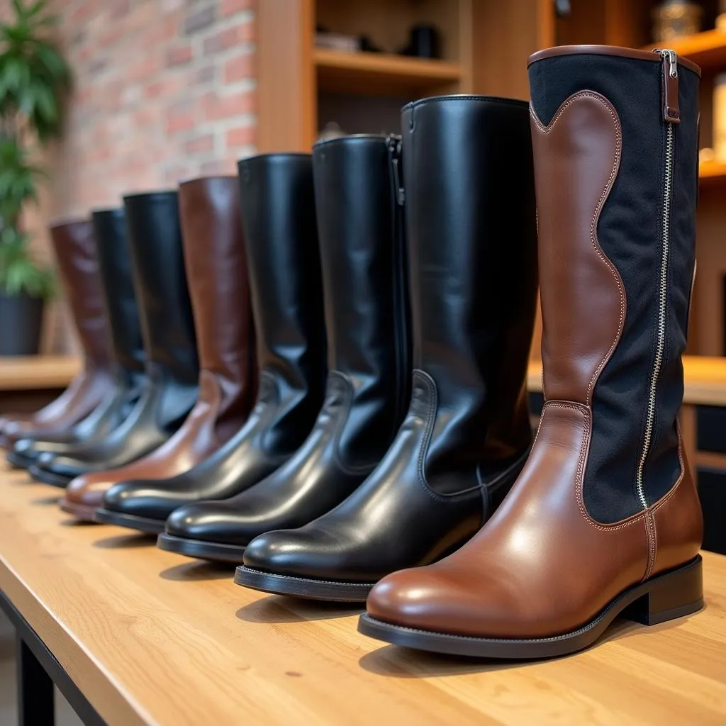 Various types of horse power boots displayed on a table