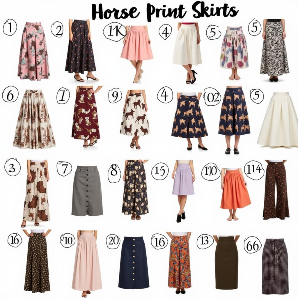 Various styles of horse print skirts