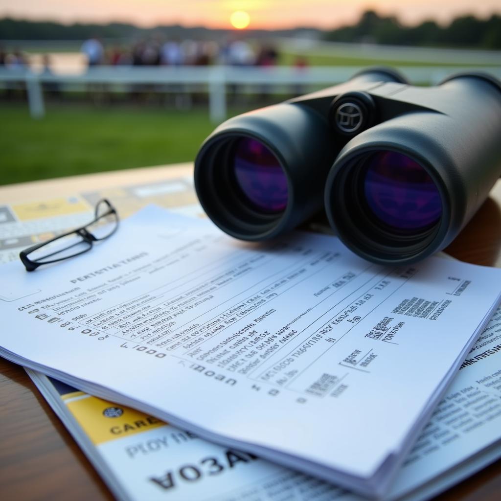 Close up of a horse racing betting slip and binoculars at the racetrack