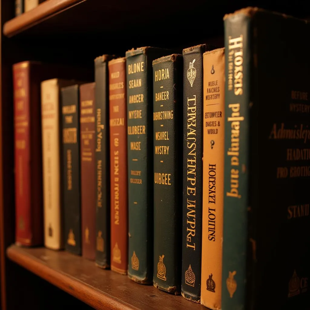 Horse racing mystery books arranged on a shelf