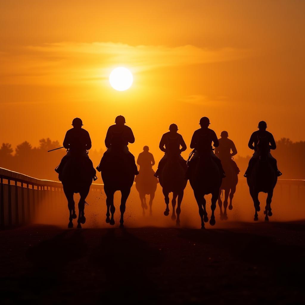 Horse Racing Silhouettes Against a Sunset