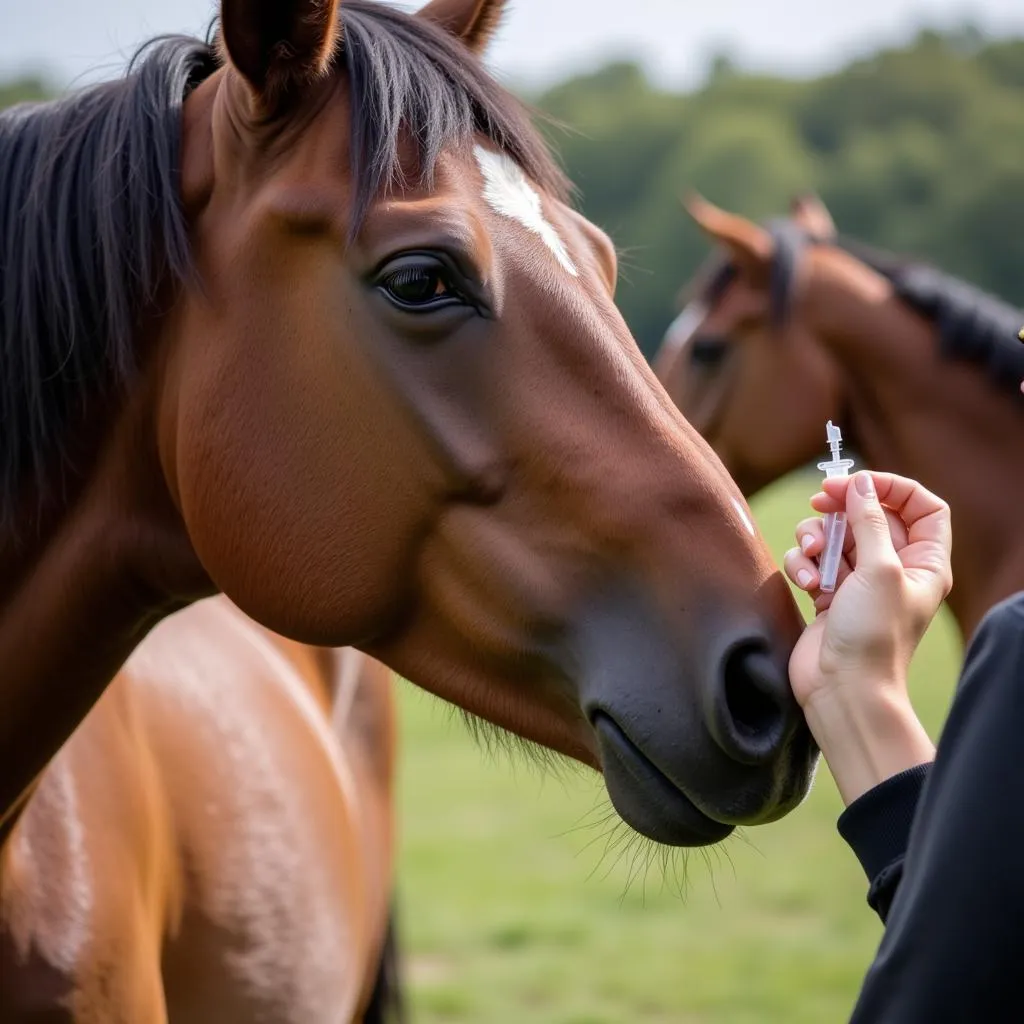 Horse calmly receiving oral medication