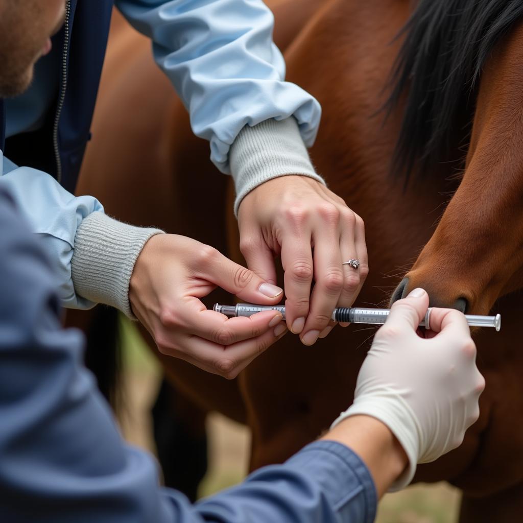 Horse receiving pain medication from a veterinarian