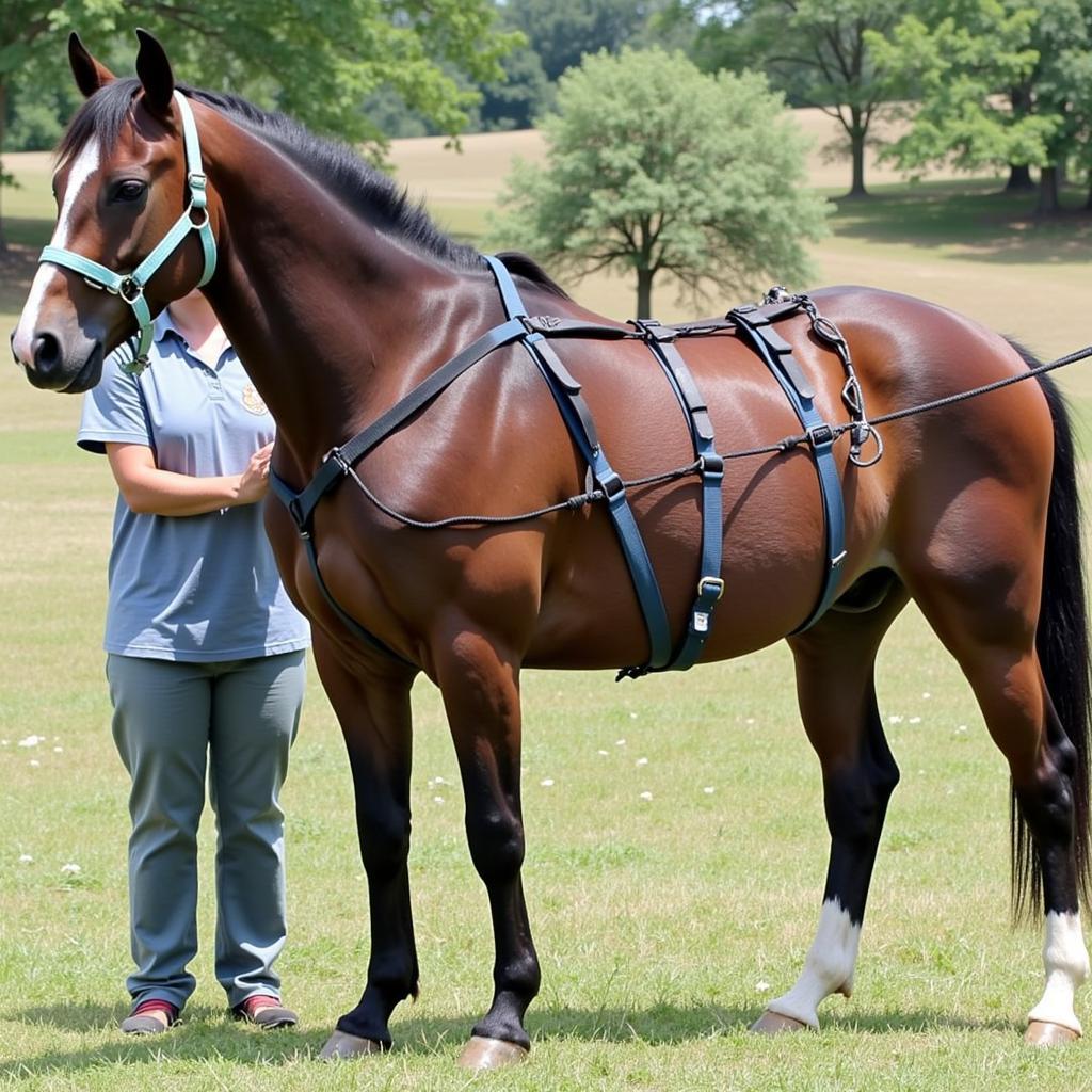 A horse, fitted with a sling, standing in a stable under the supervision of a veterinarian.