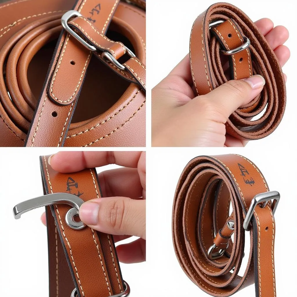 A detailed view of a leather rein with intricate stitching