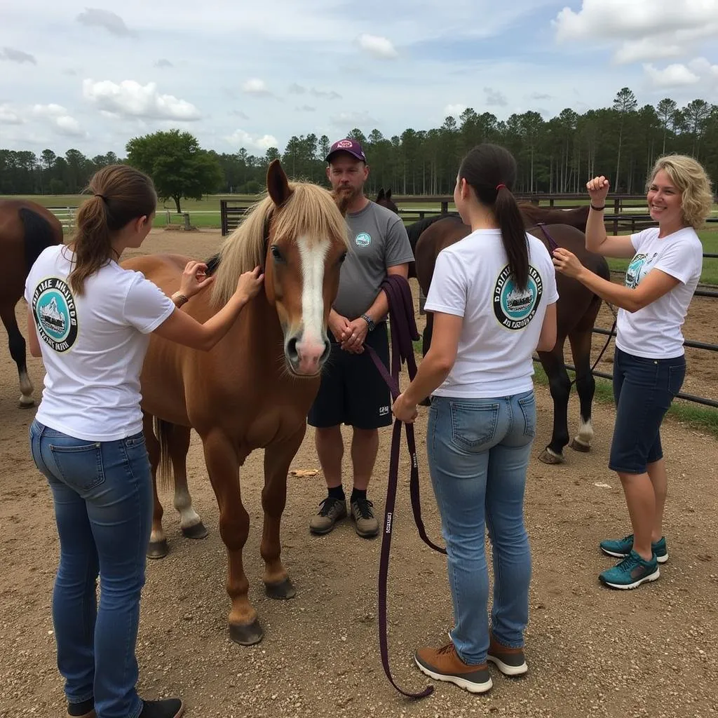 Volunteers caring for horses at a Florida rescue