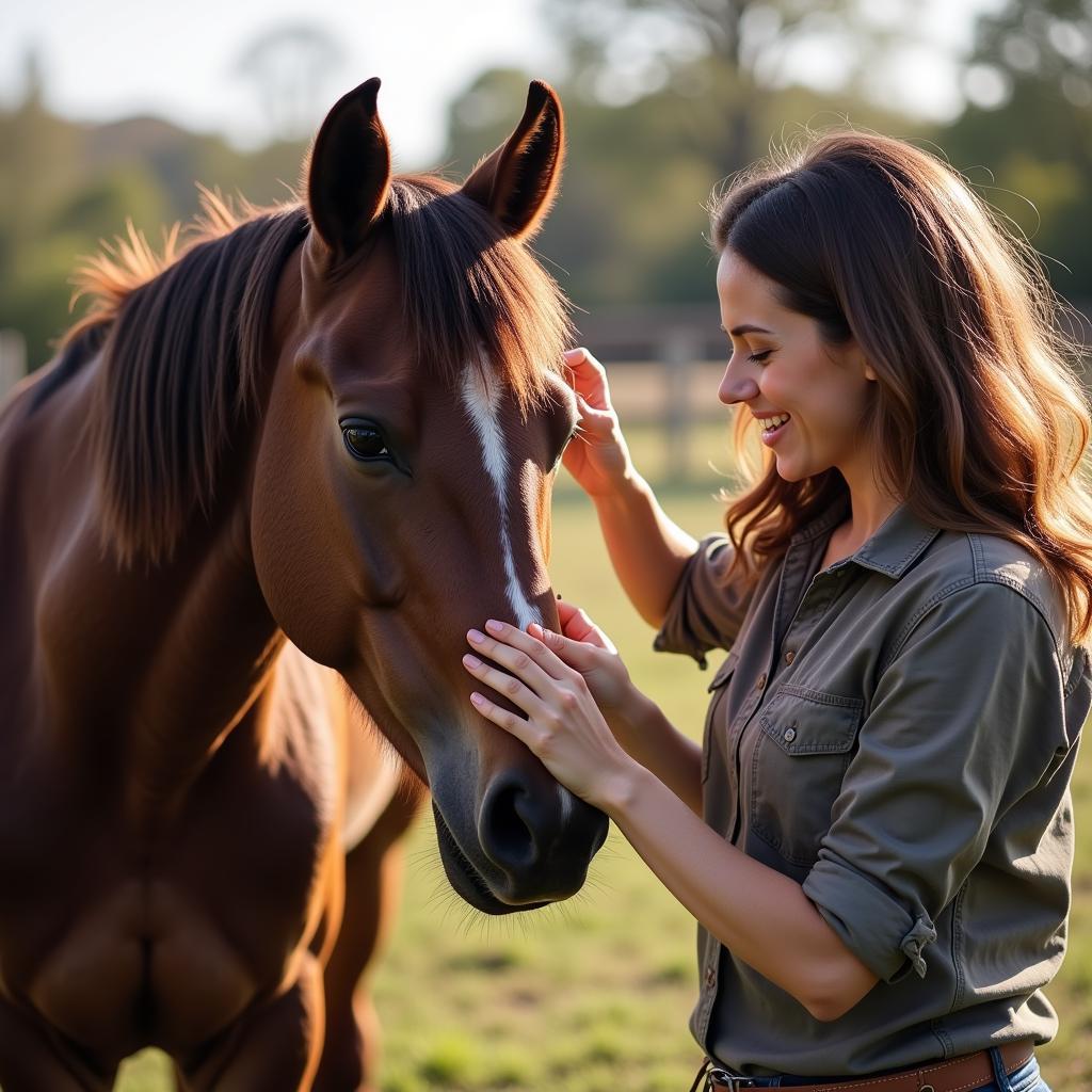 Horse rescue volunteer grooming a horse