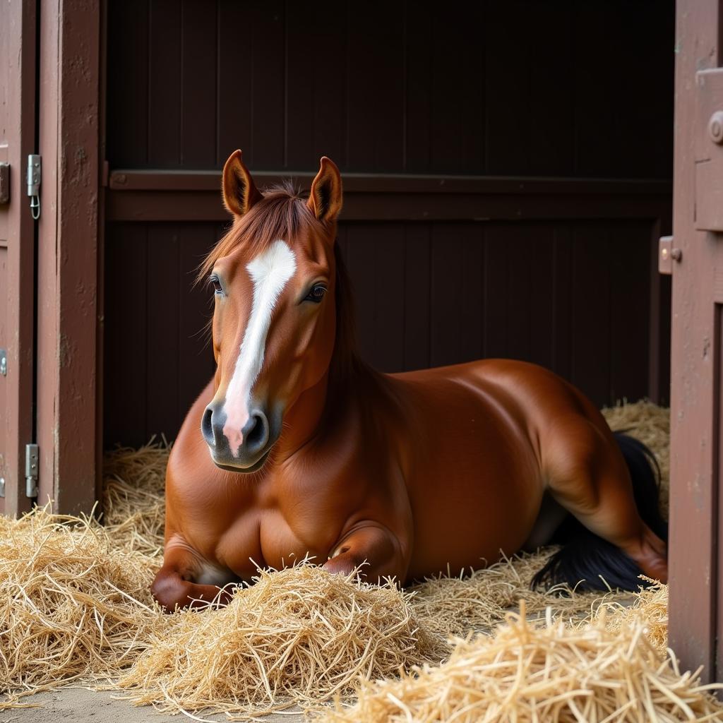 Horse Resting in Straw Bedding