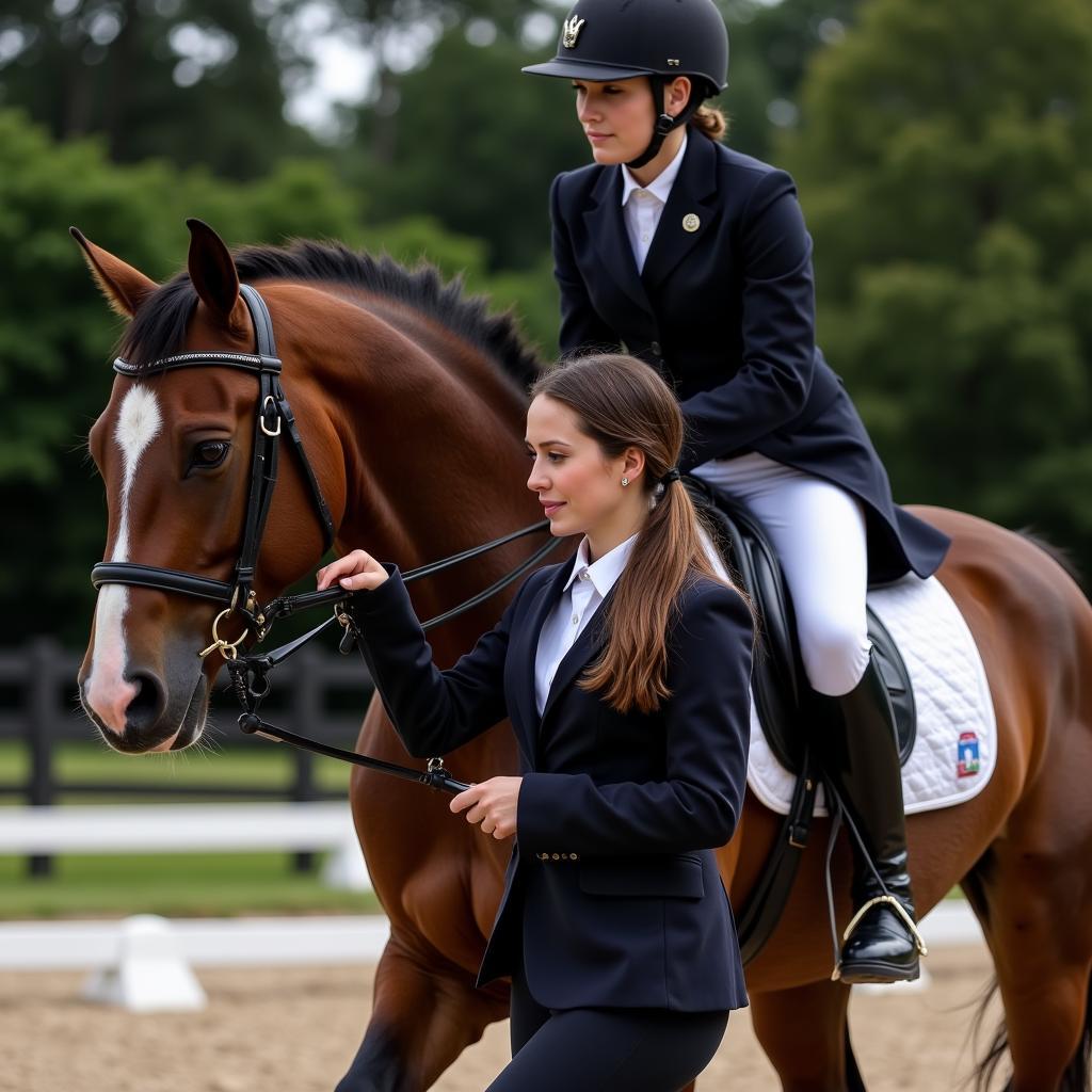 Equestrian using a horse riding crop during a dressage competition