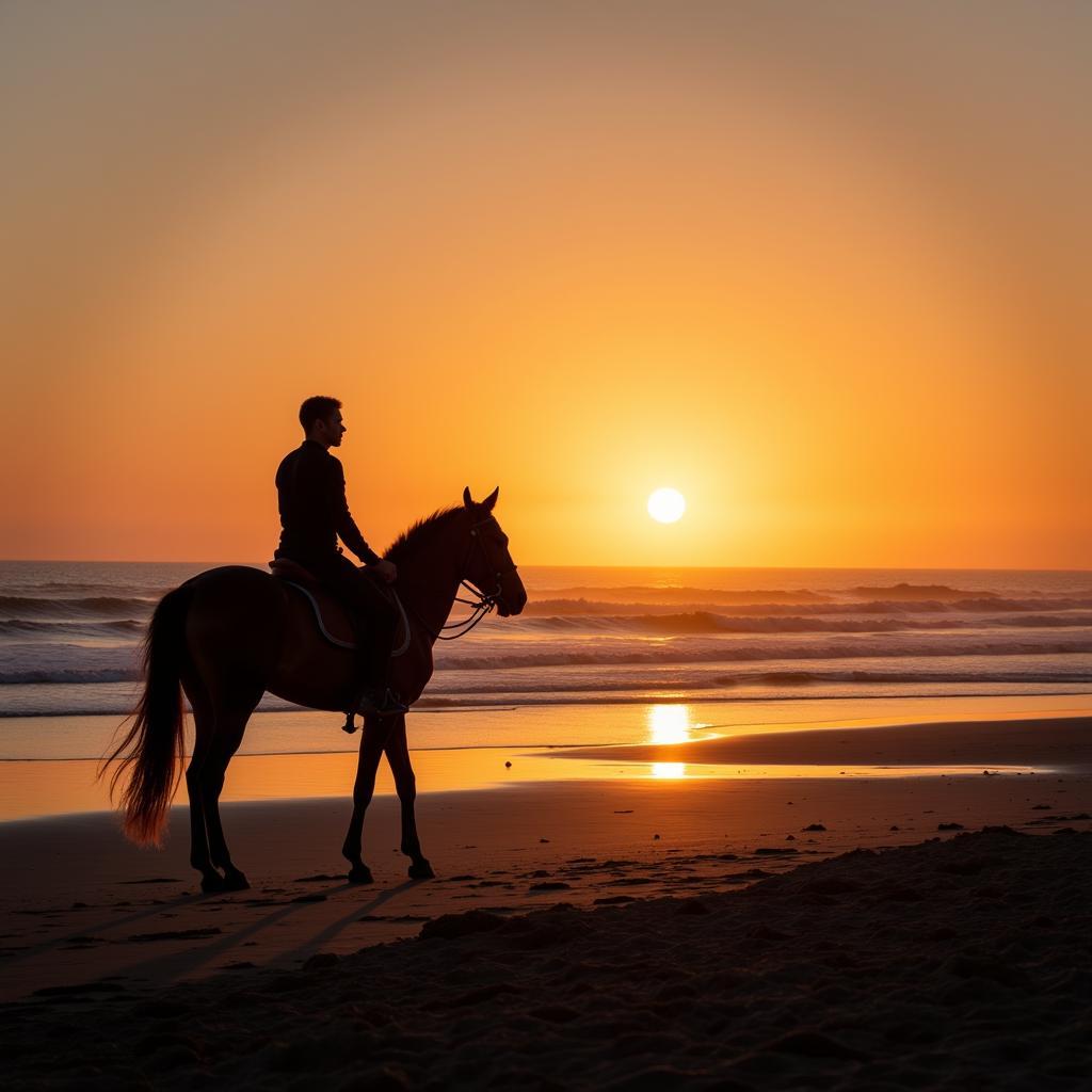 Horseback riding on the beach at sunset