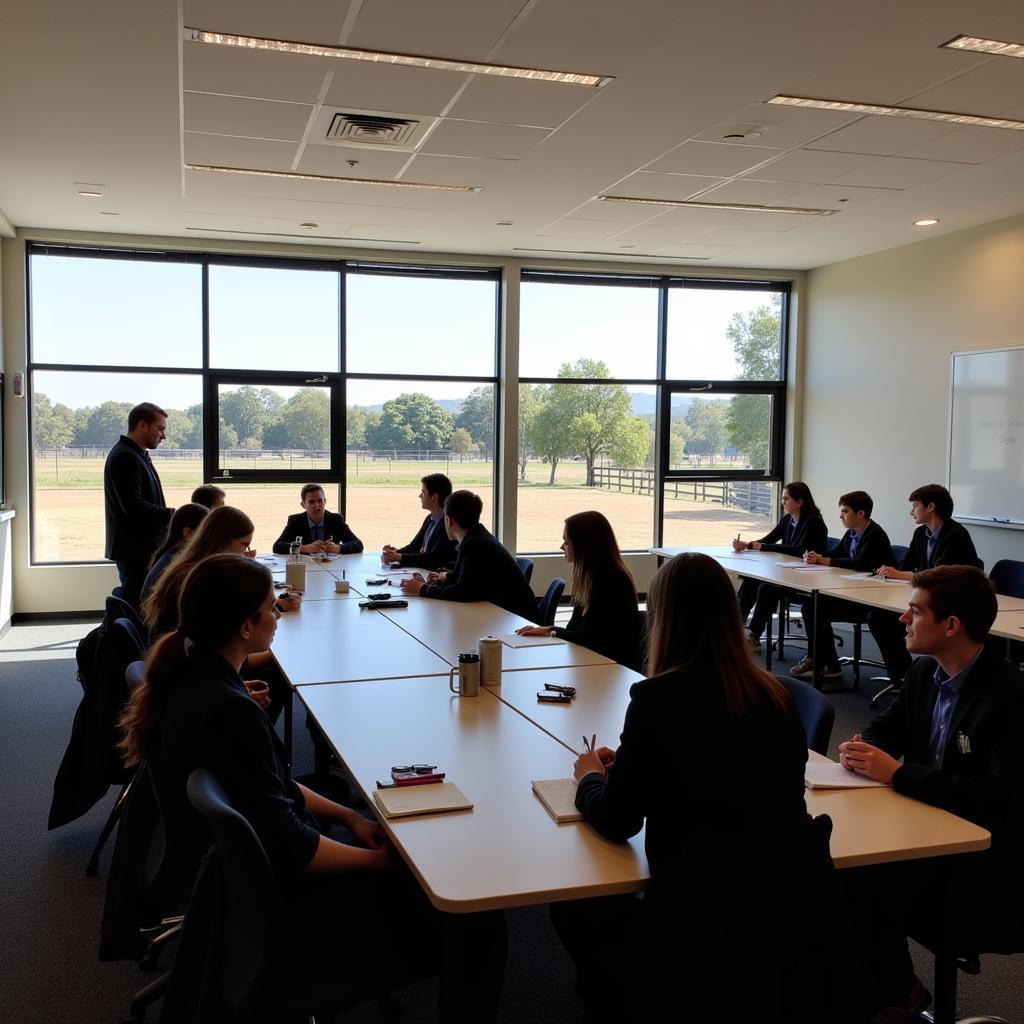 Students engaged in a lesson at a horse riding boarding school