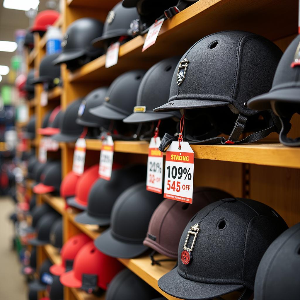  Horse riding helmets displayed with sale tags.