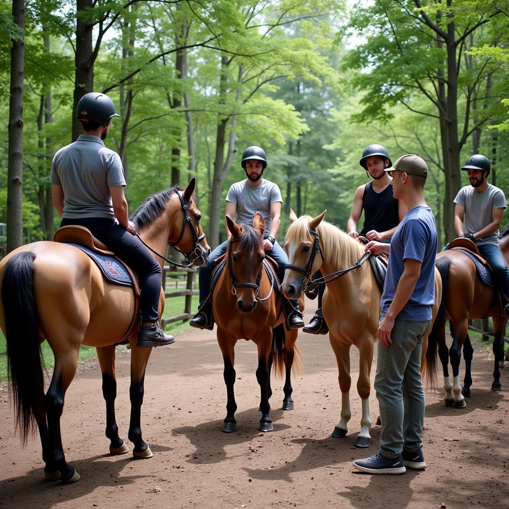 Horse riding instructor giving safety instructions before a party ride