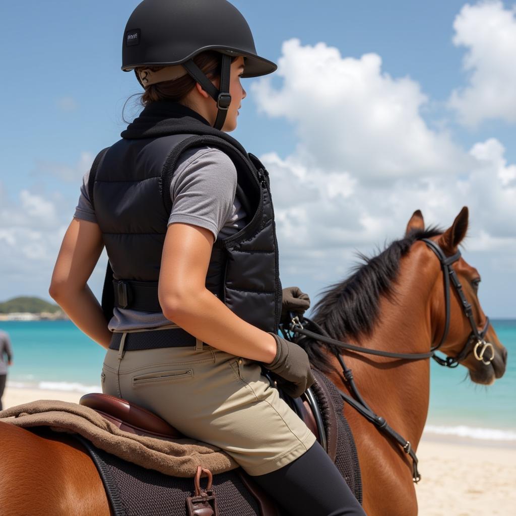 Rider wearing appropriate safety gear during a horse riding excursion in Cancun