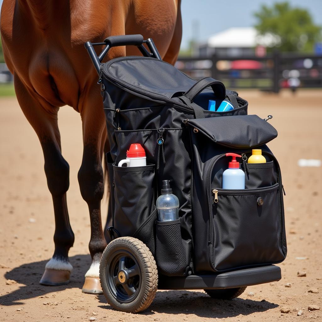 Horse rolling backpack at a competition