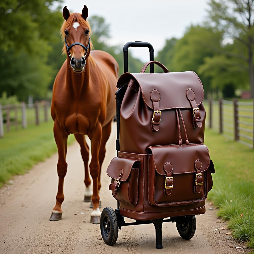 Horse rolling backpack on a trail ride