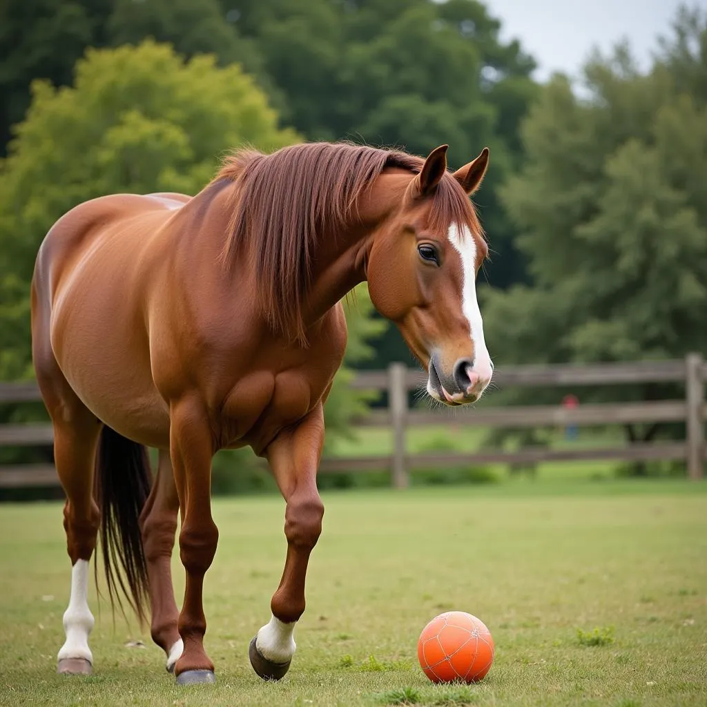 A horse using its nose to roll a bouncy ball around a field