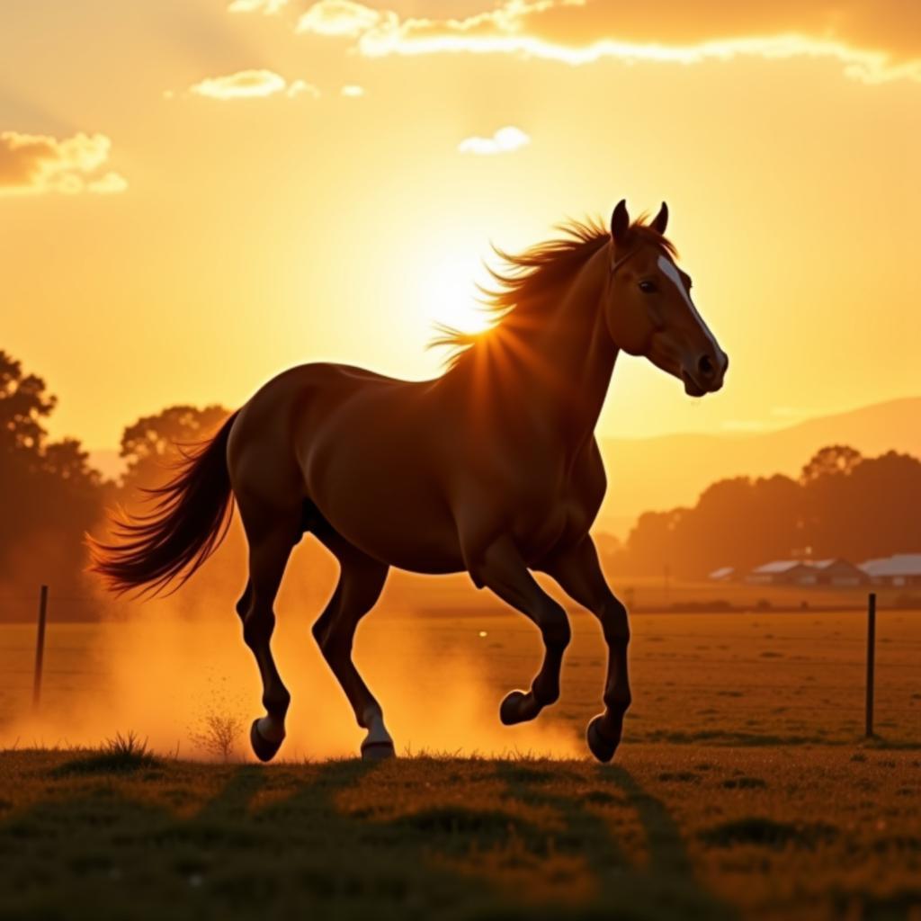 Horse running free with a majestic sunset in the background