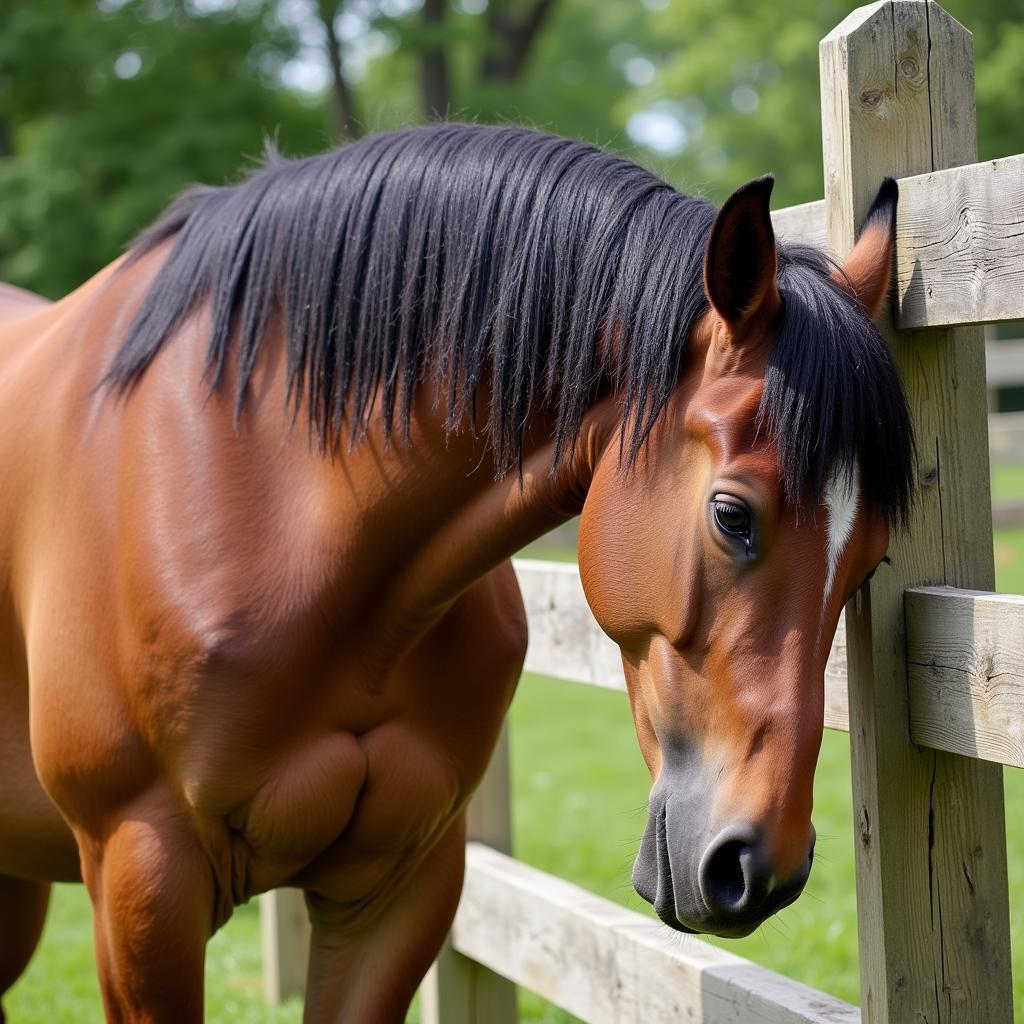 Horse Scratching Mane on Fence Post