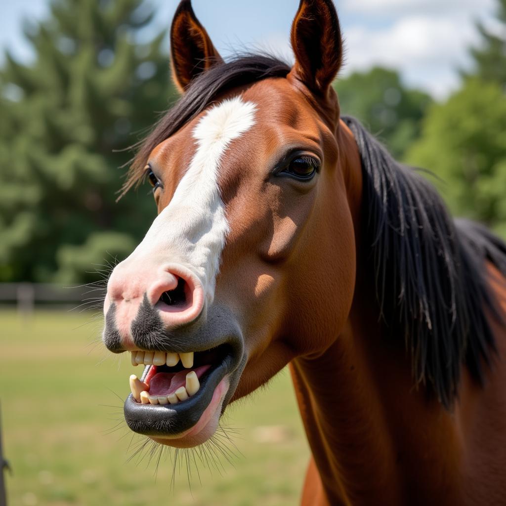 Horse scratching at summer sores with its teeth