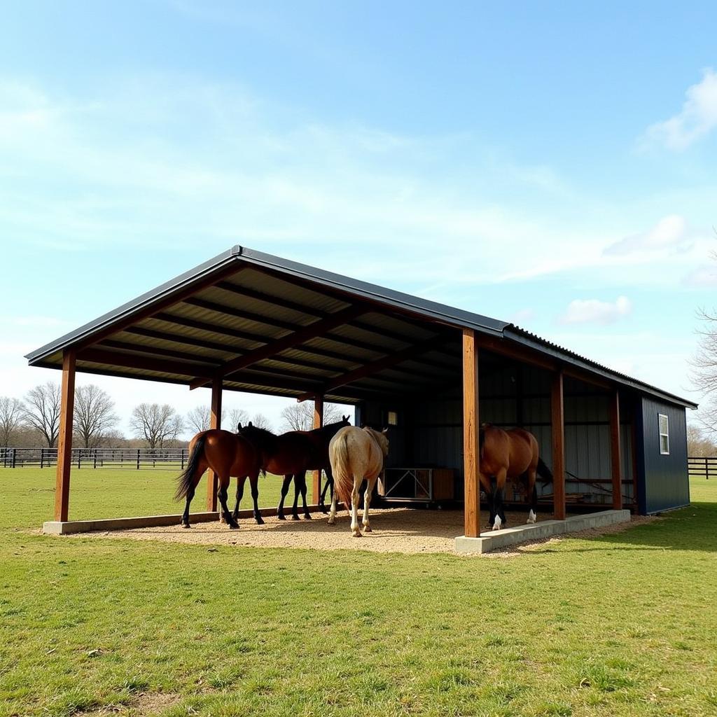 A sturdy horse shelter in a spacious pasture