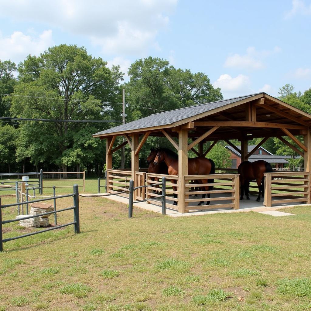 A well-maintained paddock featuring a sturdy horse shelter