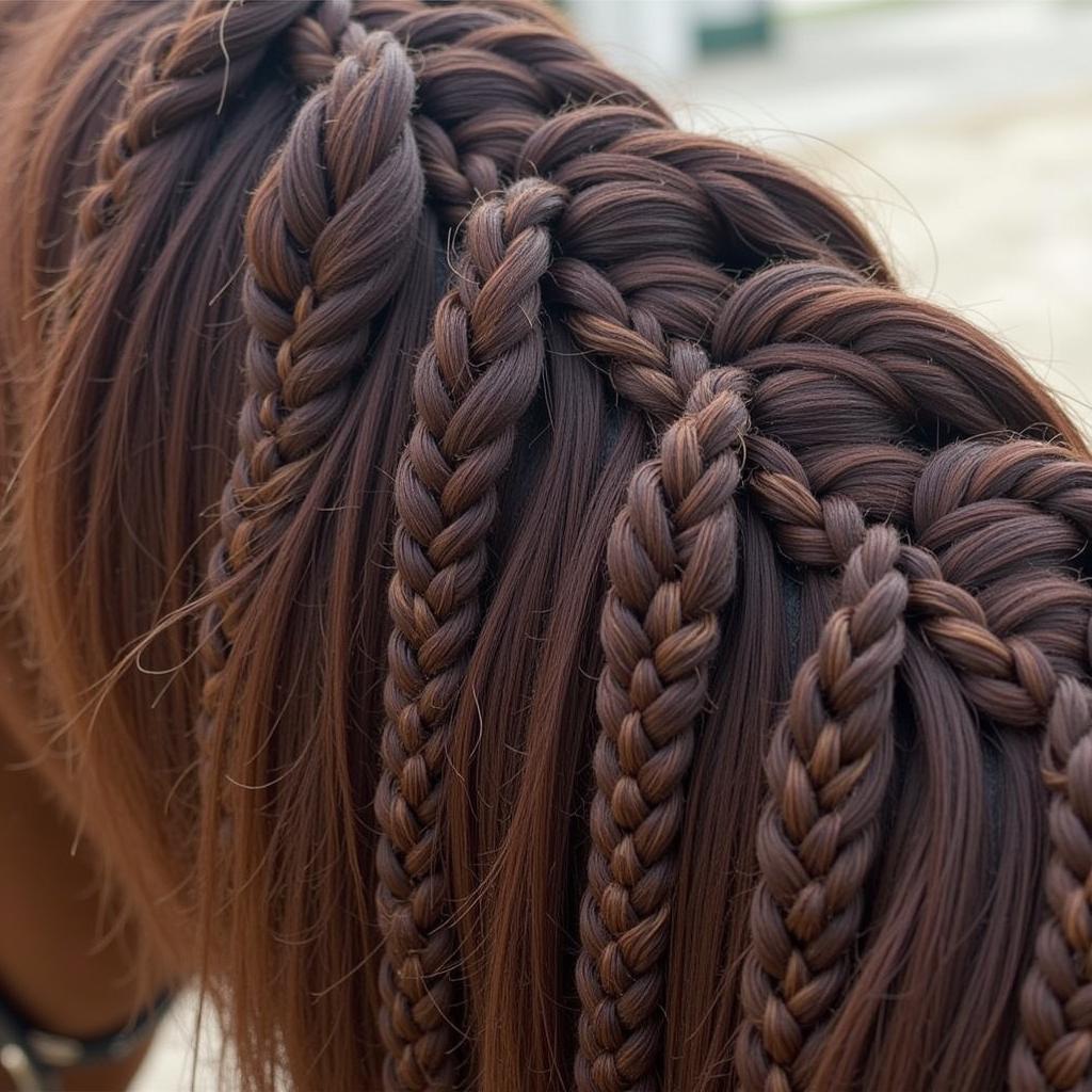 Close-up of intricate horse show braids