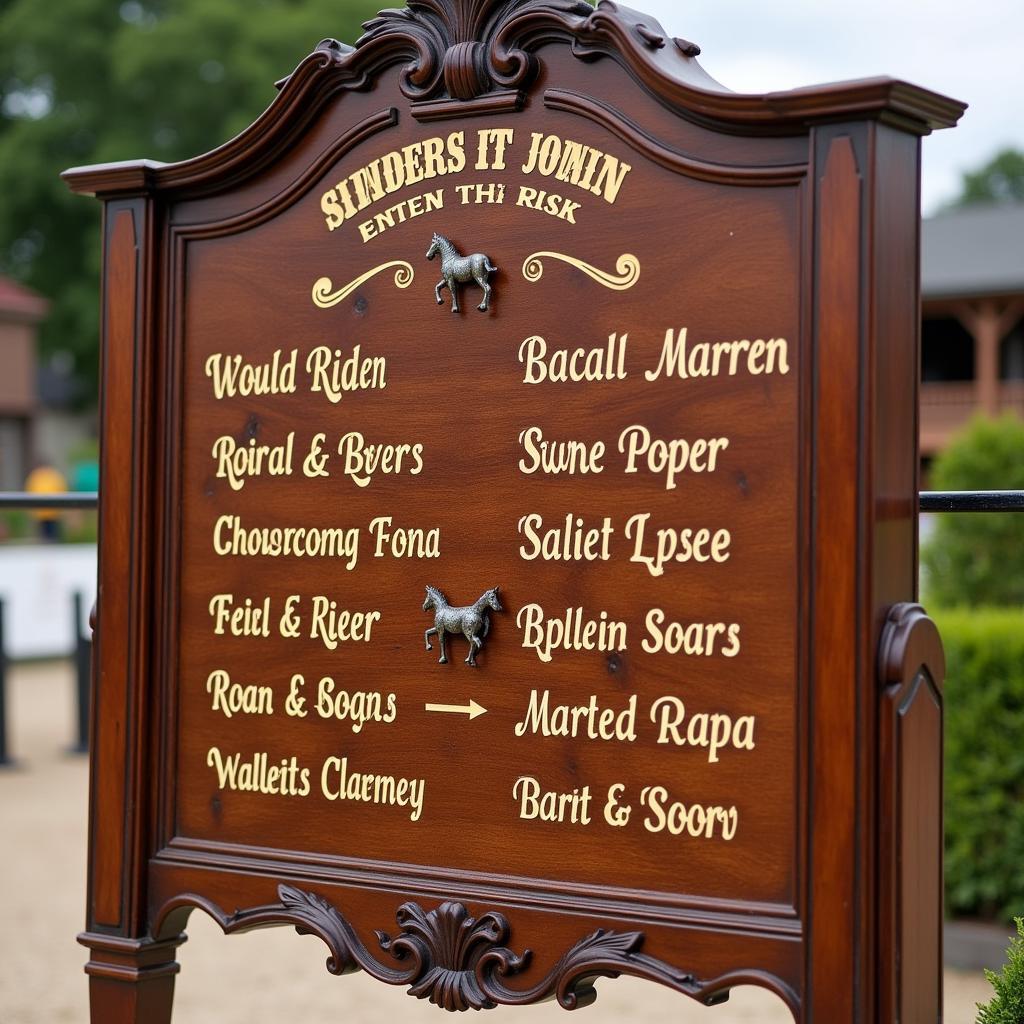 A beautifully designed horse show name board displayed at a competition.