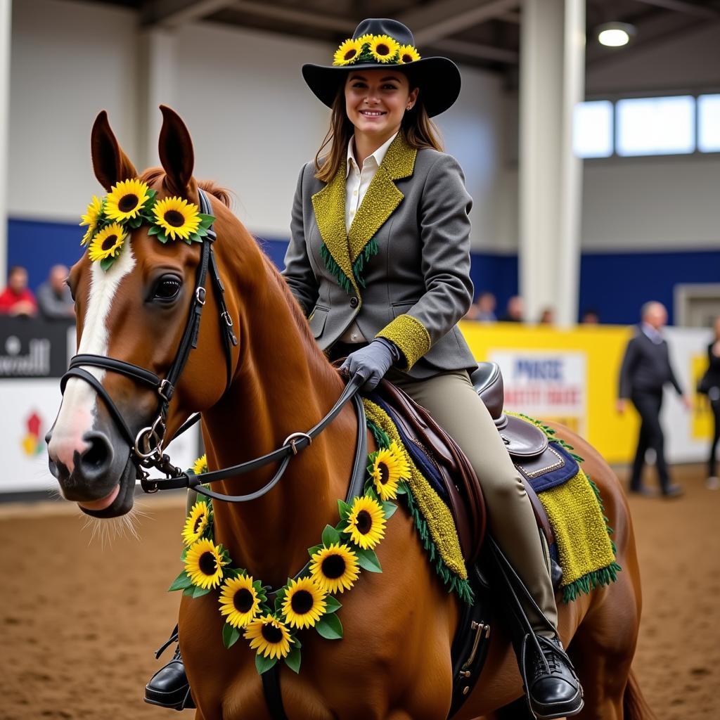 Horse and Rider Sporting Sunflower-Themed Tack at a Show 