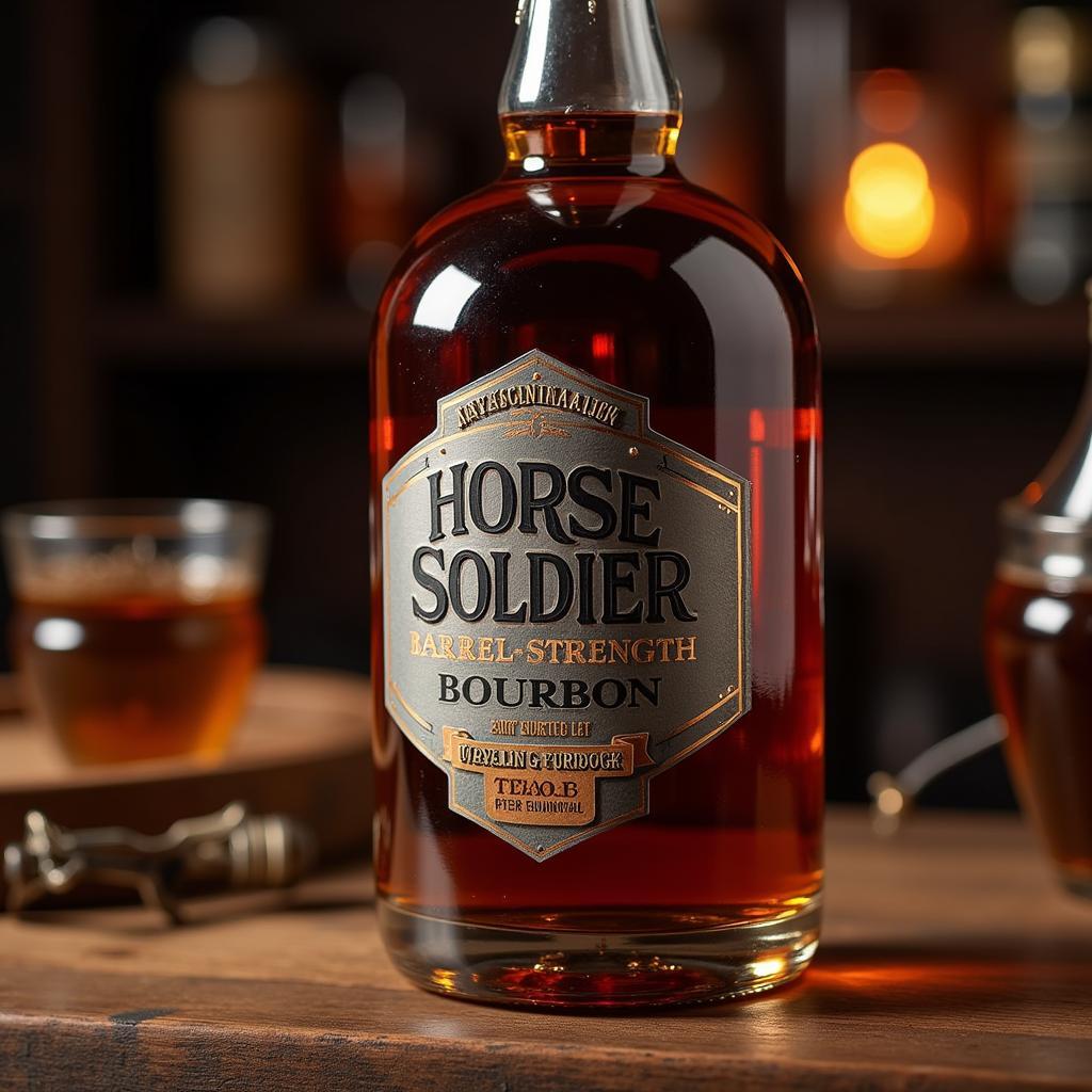 Horse Soldier Barrel Strength Bourbon bottle resting on a rustic wooden table