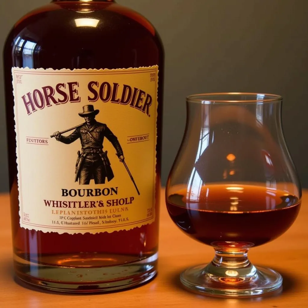 Horse Soldier Bourbon bottle and glass on display