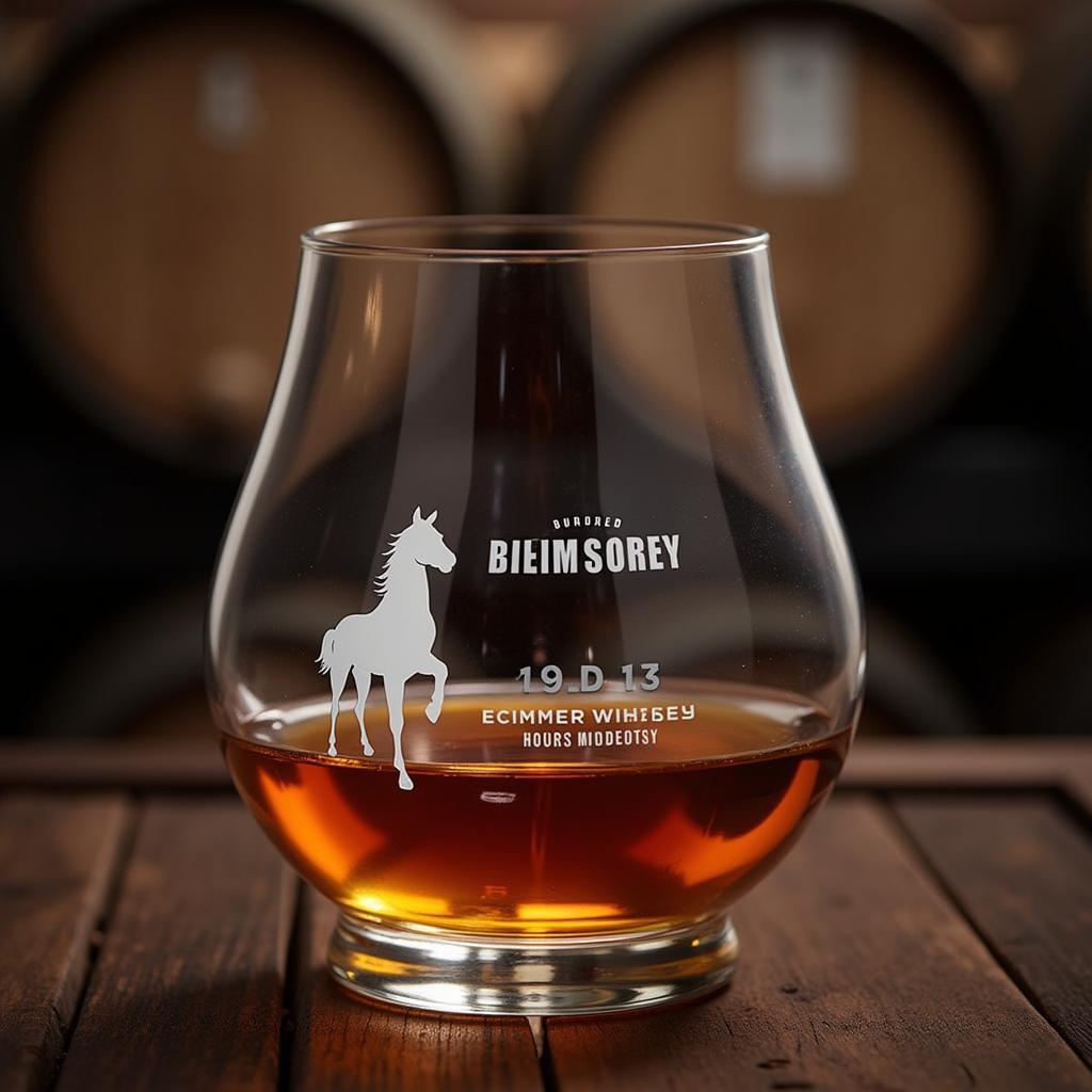 A hand holding a glass of Horse Soldier Barrel Strength Bourbon, with a backdrop of barrels.