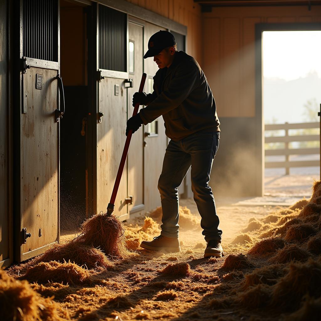 Cleaning a horse stable with a training fork