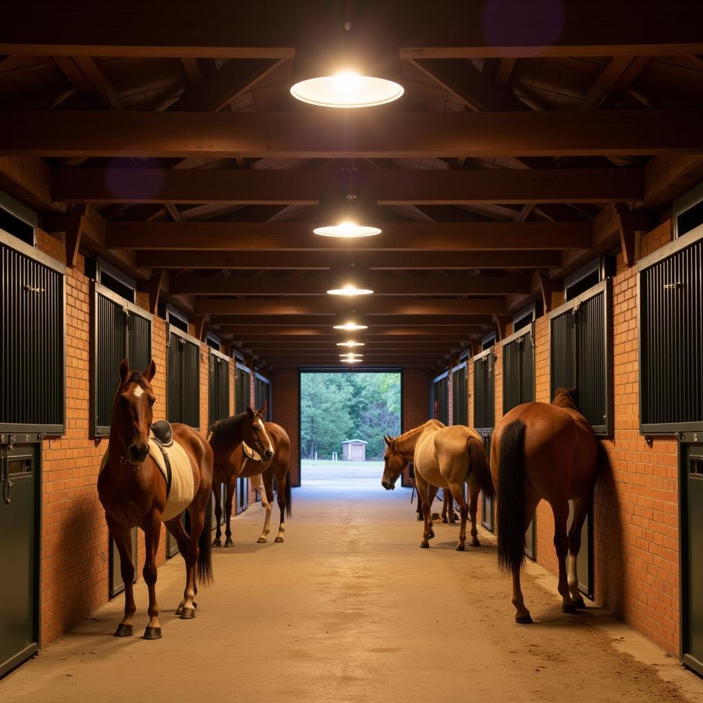 LED light fixtures illuminating a horse stable