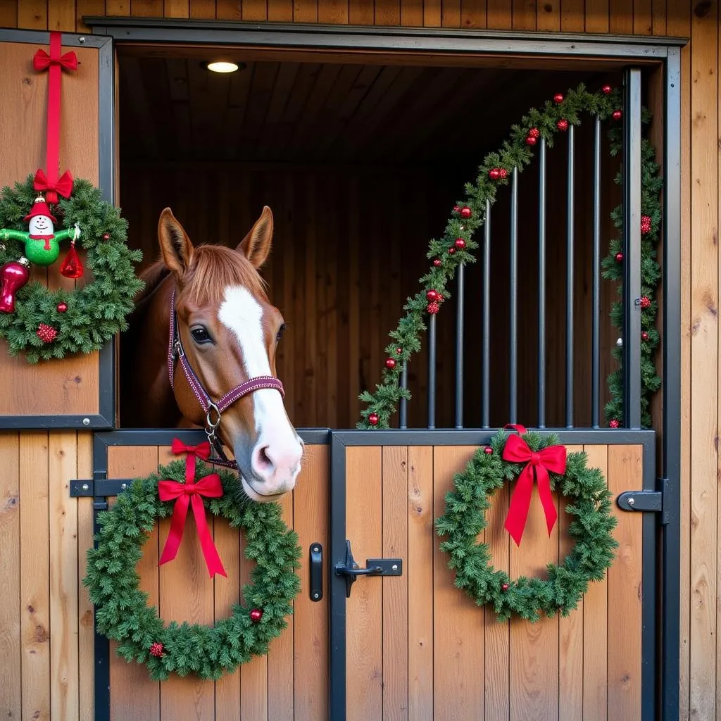 Horse Stall Decorated for Christmas with Safety in Mind