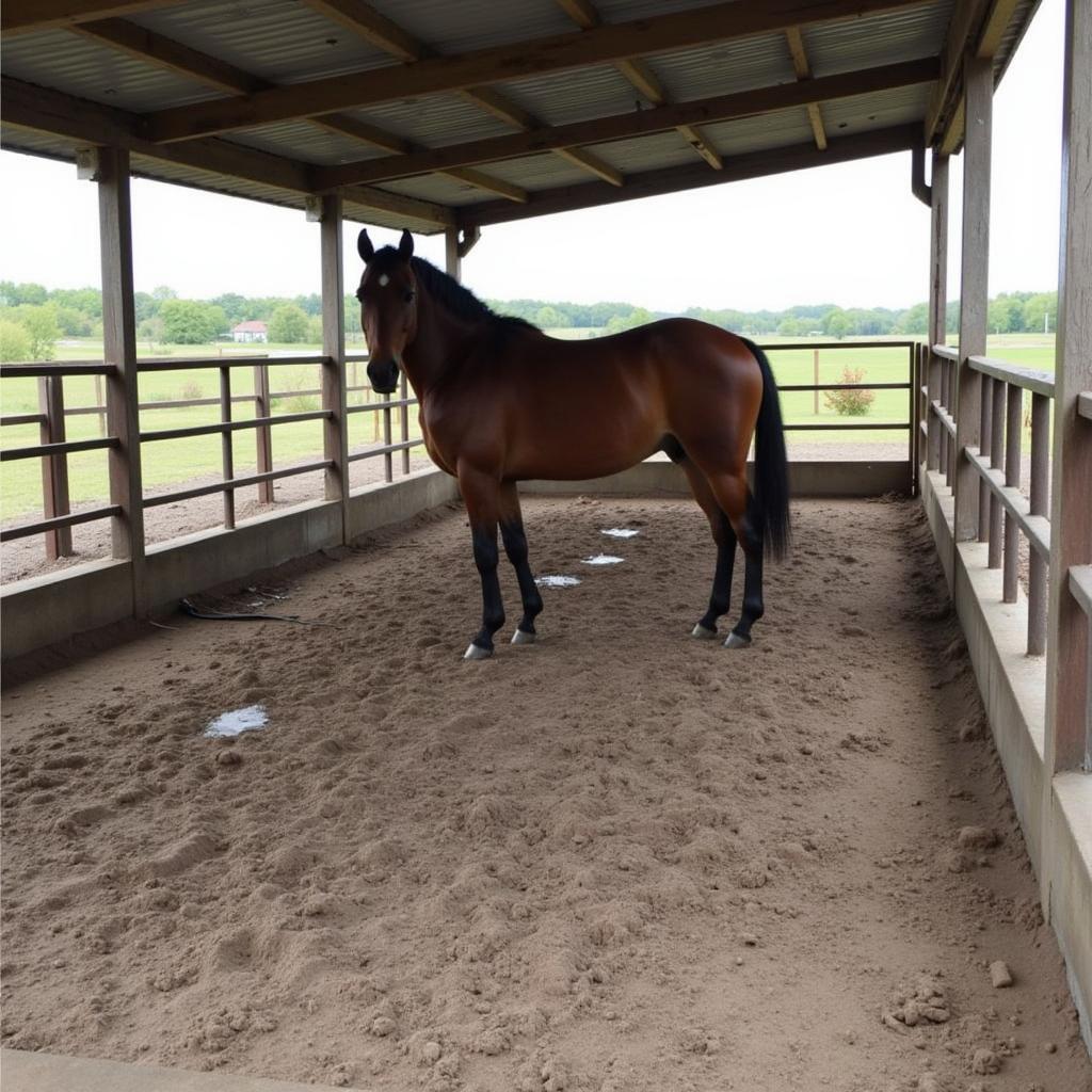 A horse standing comfortably on a mud mat in its paddock