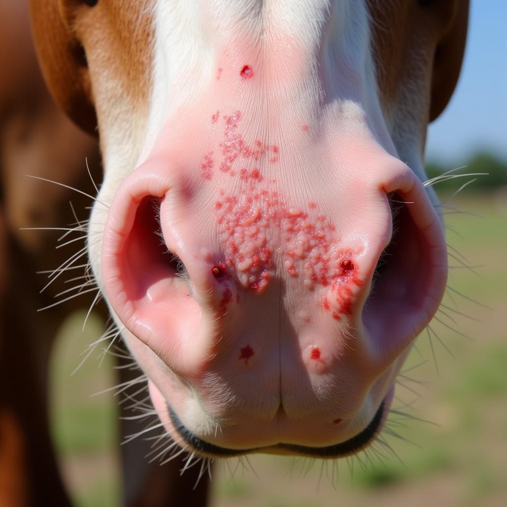 Horse with sunburn on pink muzzle