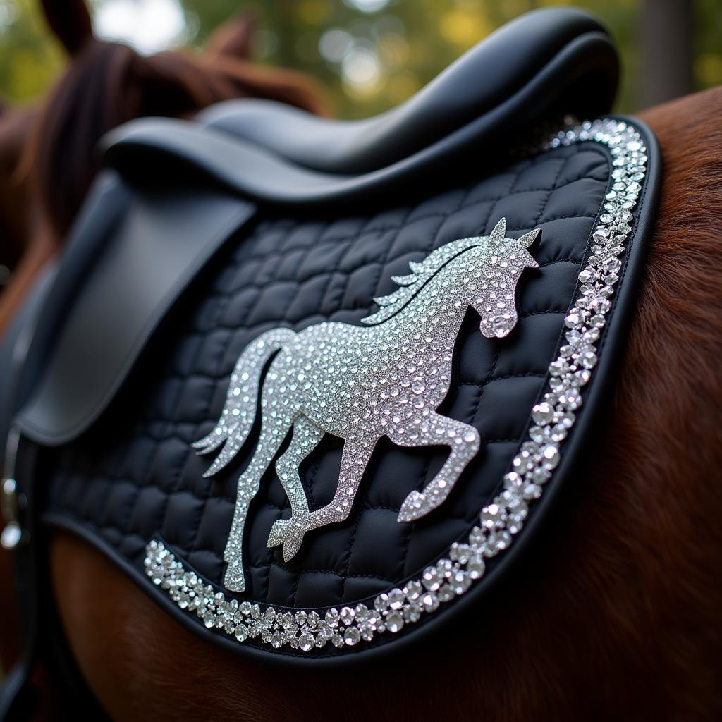 Close-up of a horse swarovski crystal on a saddle pad