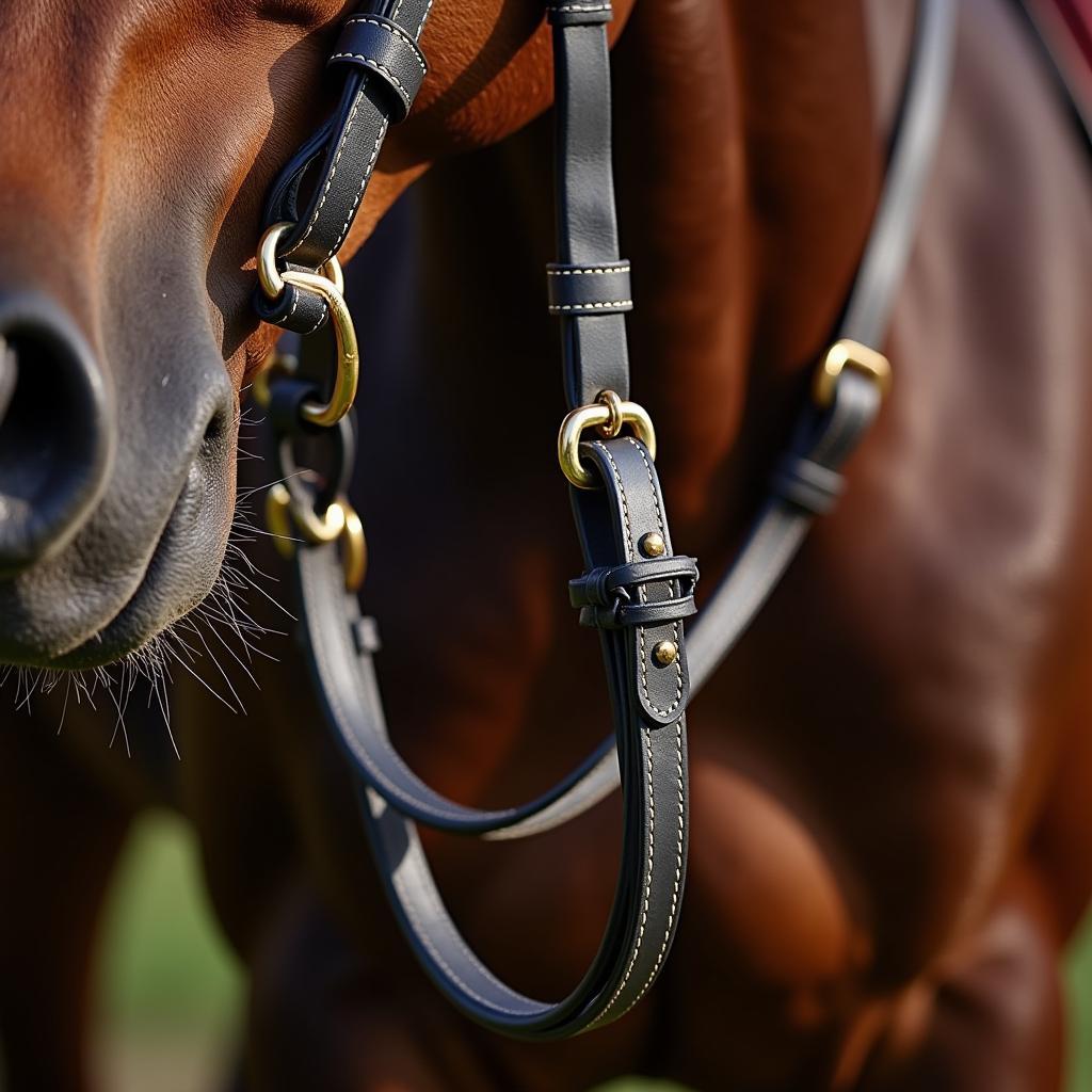 A beautifully crafted bridle and reins hanging on a stable hook