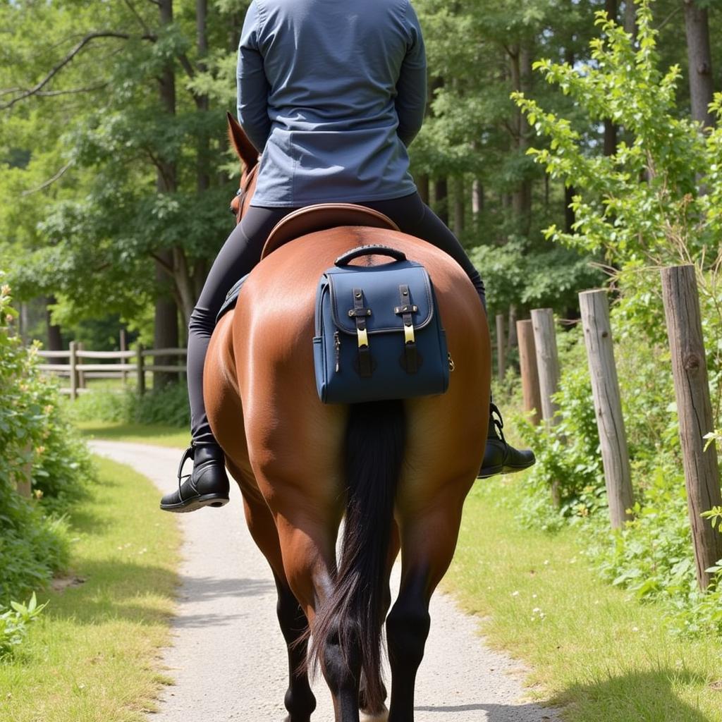 Horse with a tail bag riding on a trail