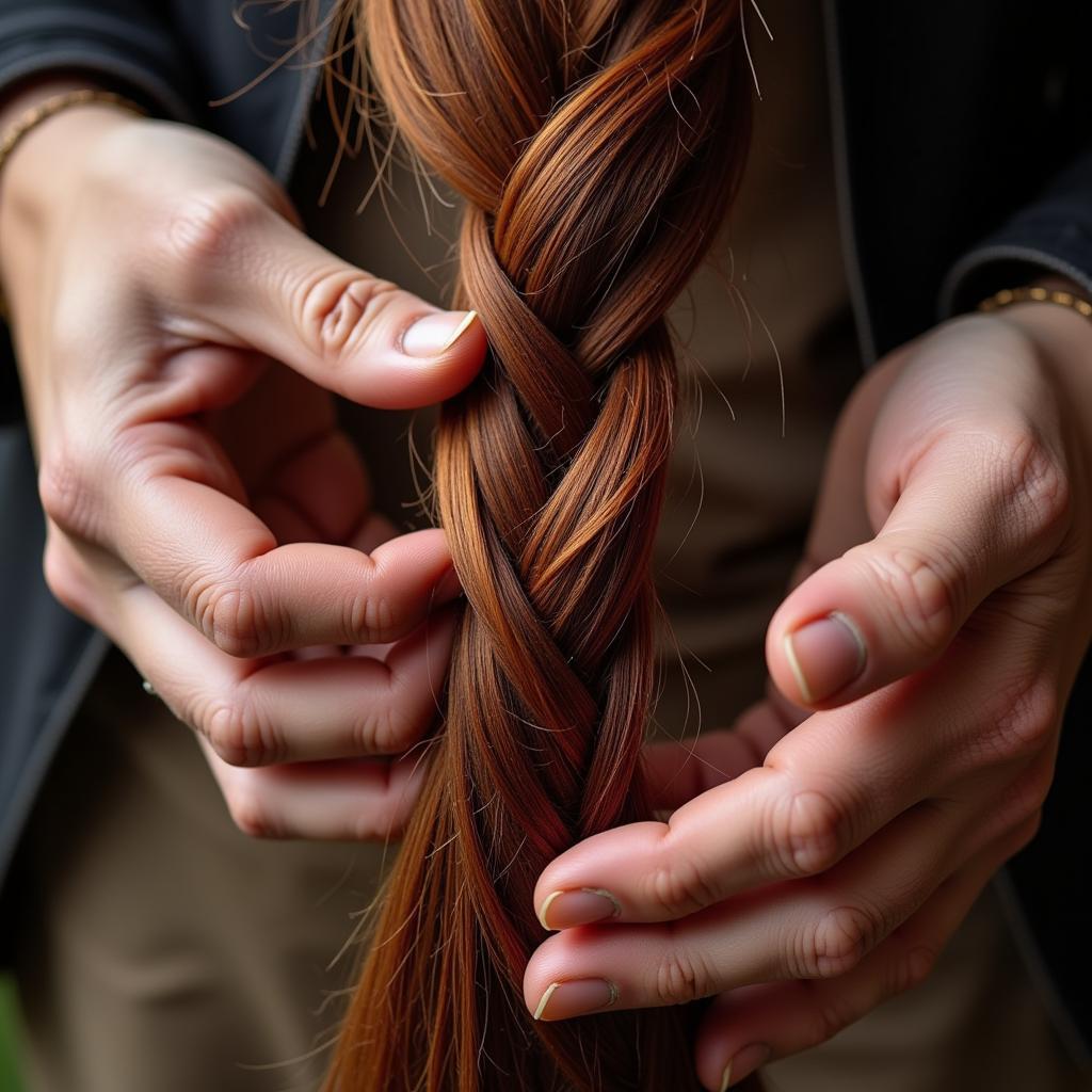 Close-up of a horse's tail hair being braided