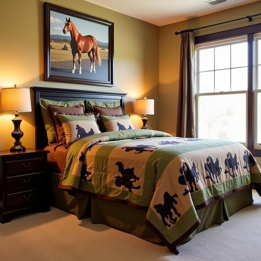 A bedroom with a horse-themed comforter set